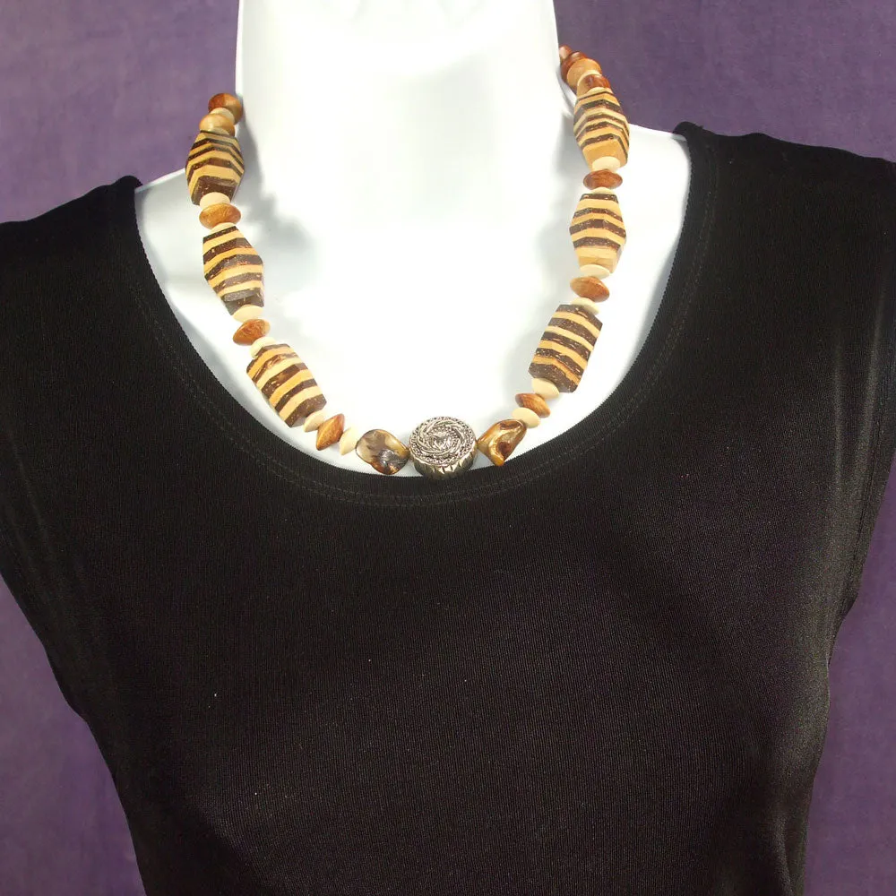 Naroa, Striped Hexagonal Wooden Beads Single Strand Necklace