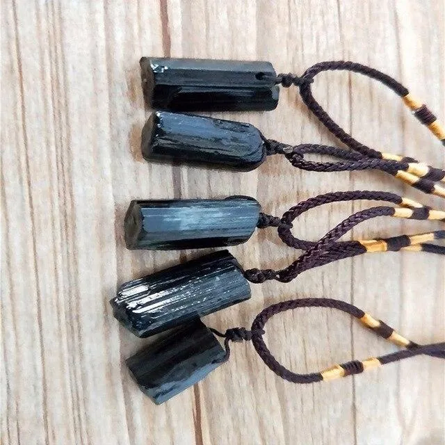 Natural Raw Black Tourmaline Stone Pendant and Rope Necklace