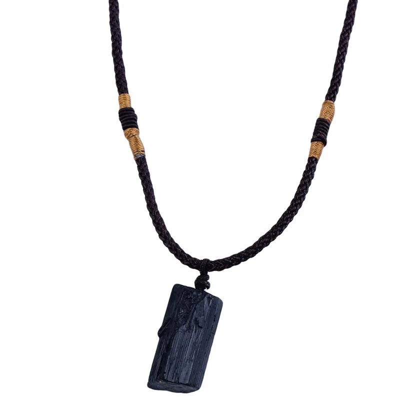 Natural Raw Black Tourmaline Stone Pendant and Rope Necklace