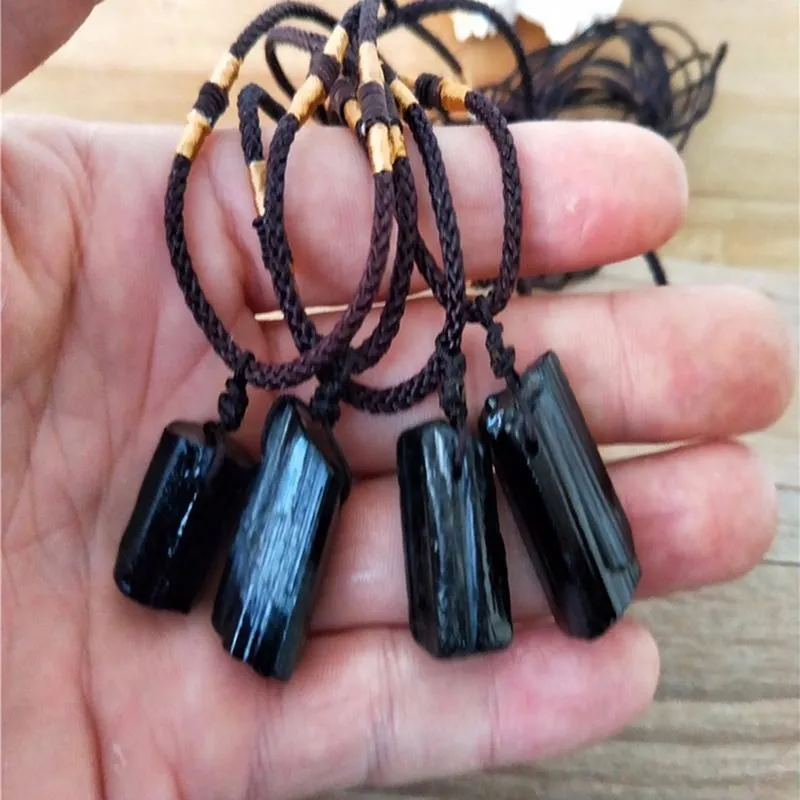 Natural Raw Black Tourmaline Stone Pendant and Rope Necklace