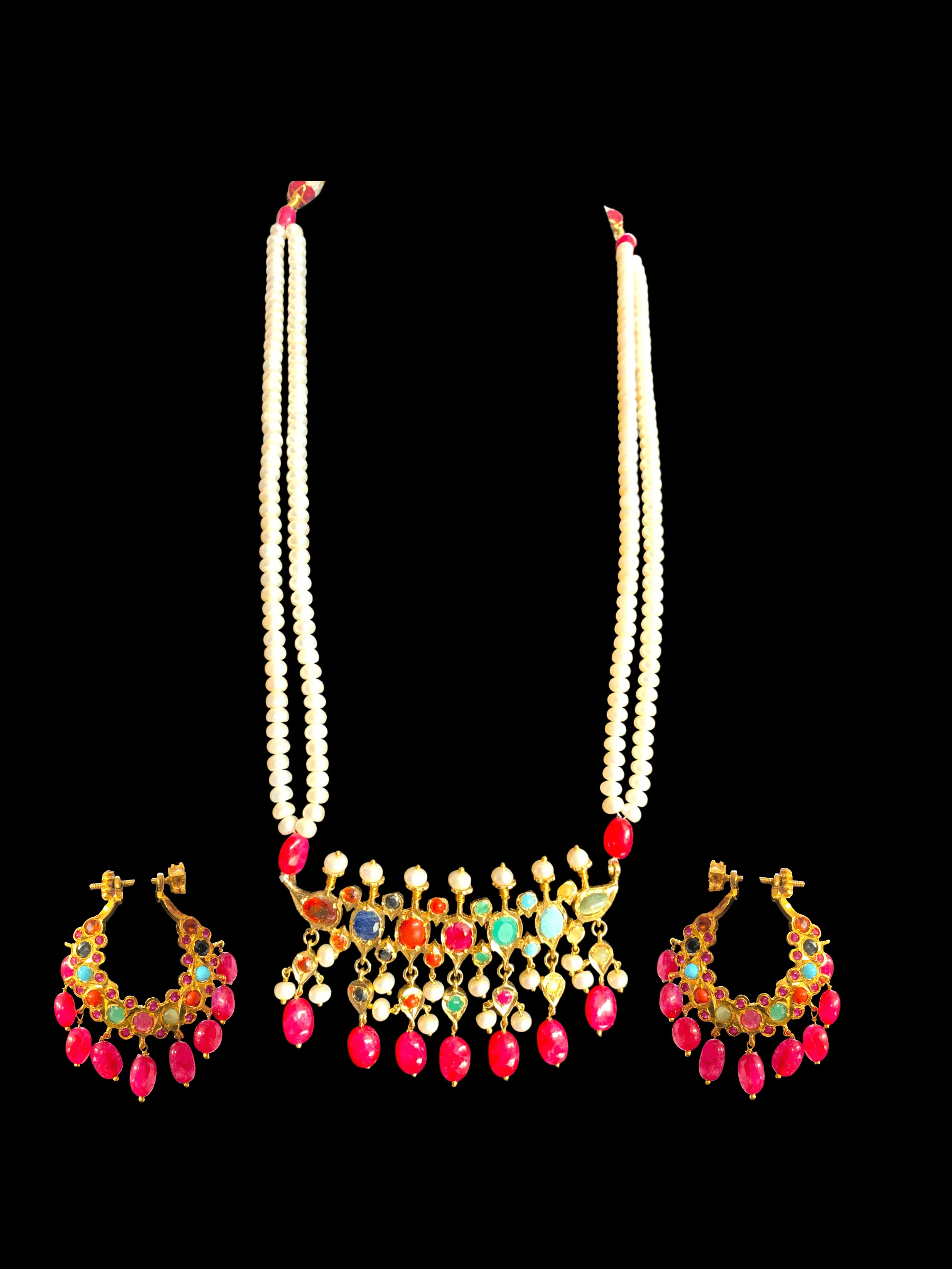 Navratan silver with gold plated tirmani Chandbali pendant set