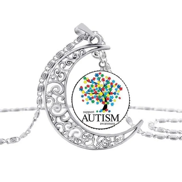 Pakutee Autism Colorful Puzzle Tree Symbol Sliver Moon Necklace Take Care Of Autism Spread Love Necklace Kids Jewelry Accessories