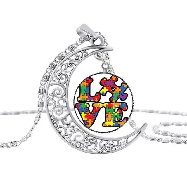 Pakutee Autism Colorful Puzzle Tree Symbol Sliver Moon Necklace Take Care Of Autism Spread Love Necklace Kids Jewelry Accessories