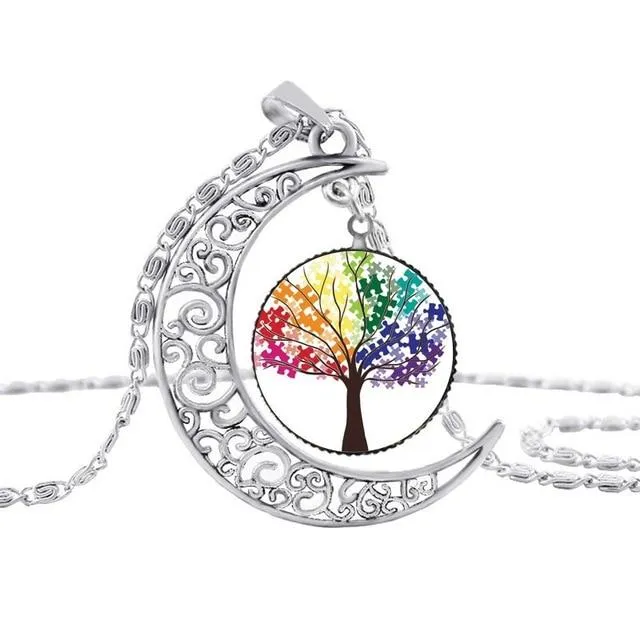 Pakutee Autism Colorful Puzzle Tree Symbol Sliver Moon Necklace Take Care Of Autism Spread Love Necklace Kids Jewelry Accessories