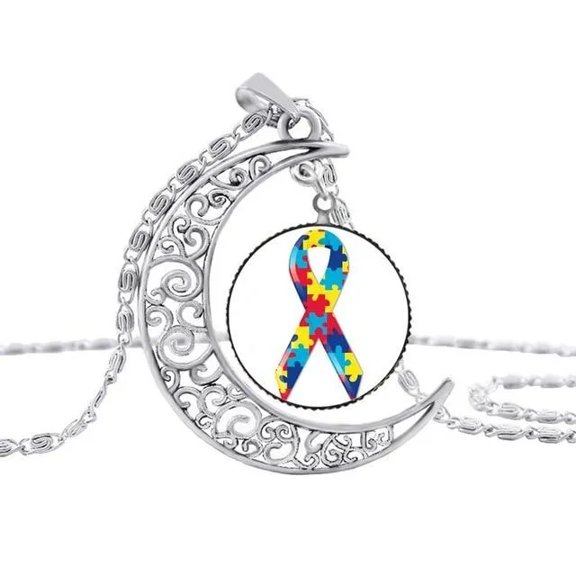 Pakutee Autism Colorful Puzzle Tree Symbol Sliver Moon Necklace Take Care Of Autism Spread Love Necklace Kids Jewelry Accessories