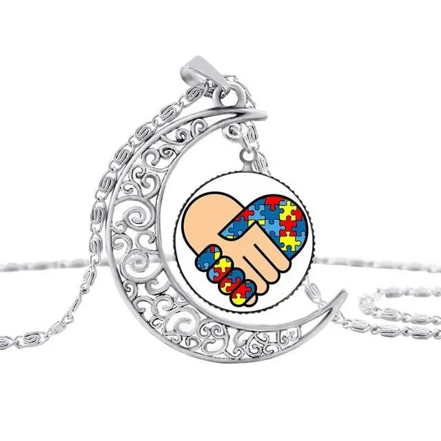 Pakutee Autism Colorful Puzzle Tree Symbol Sliver Moon Necklace Take Care Of Autism Spread Love Necklace Kids Jewelry Accessories