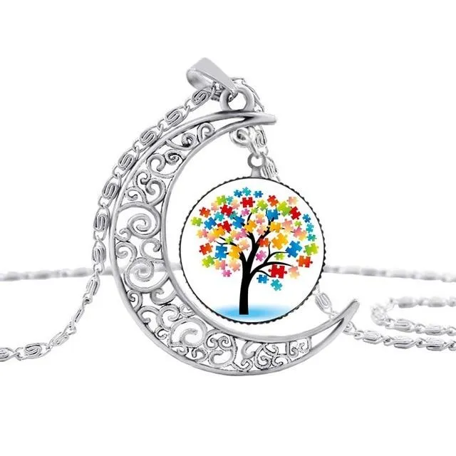 Pakutee Autism Colorful Puzzle Tree Symbol Sliver Moon Necklace Take Care Of Autism Spread Love Necklace Kids Jewelry Accessories