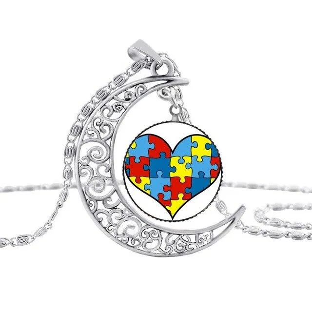 Pakutee Autism Colorful Puzzle Tree Symbol Sliver Moon Necklace Take Care Of Autism Spread Love Necklace Kids Jewelry Accessories