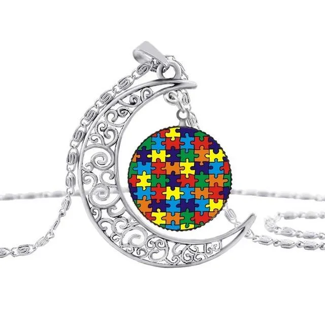 Pakutee Autism Colorful Puzzle Tree Symbol Sliver Moon Necklace Take Care Of Autism Spread Love Necklace Kids Jewelry Accessories