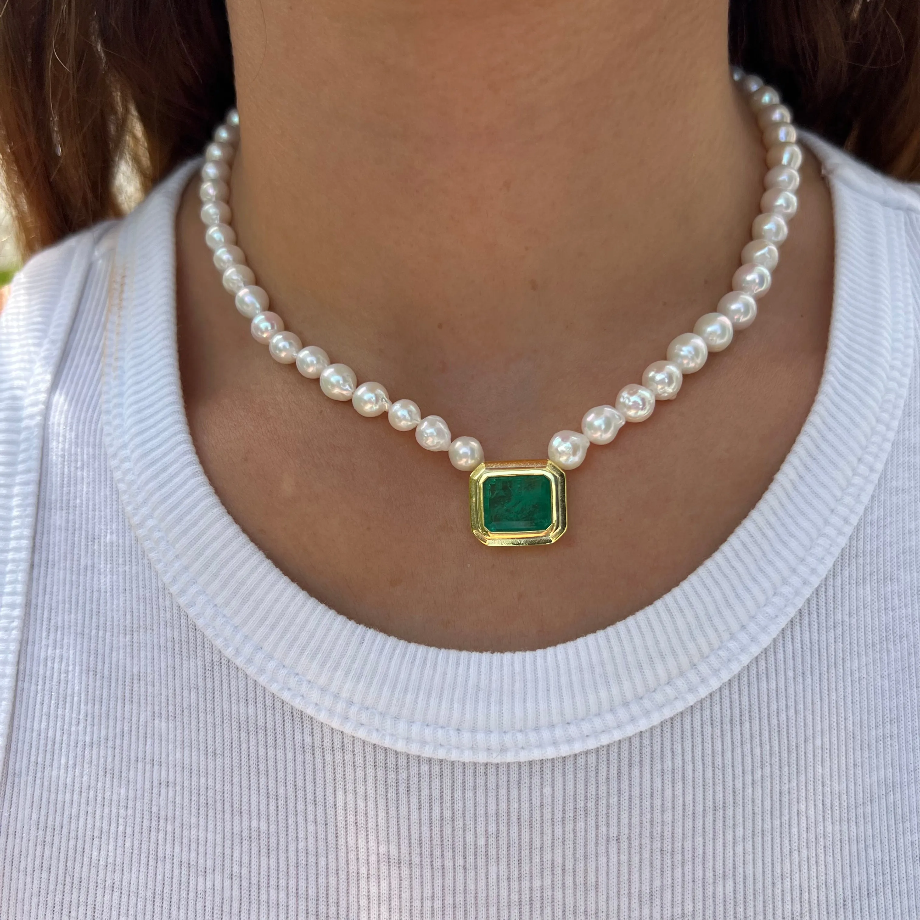 Pearl beaded square emerald frame necklace