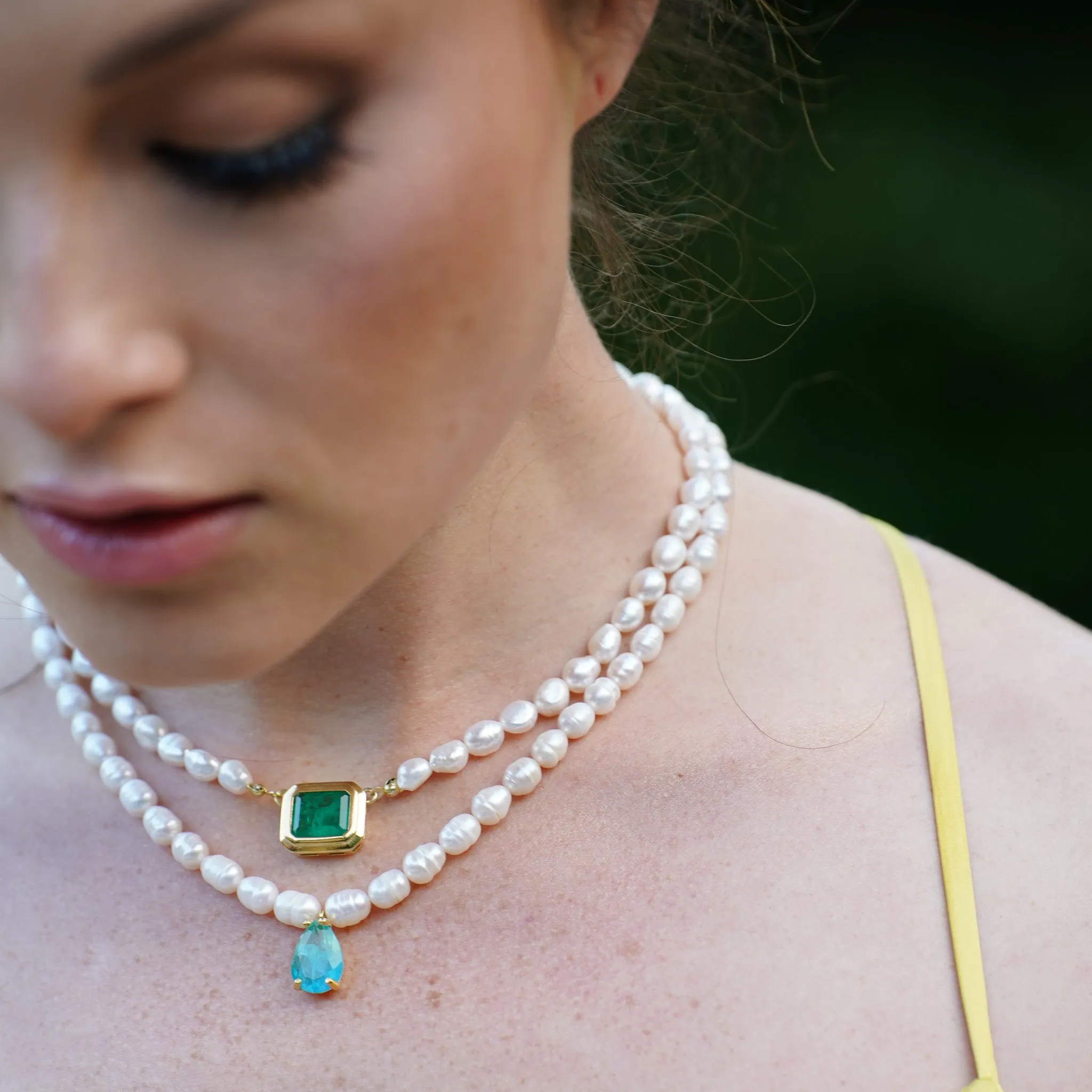 Pearl beaded square emerald frame necklace