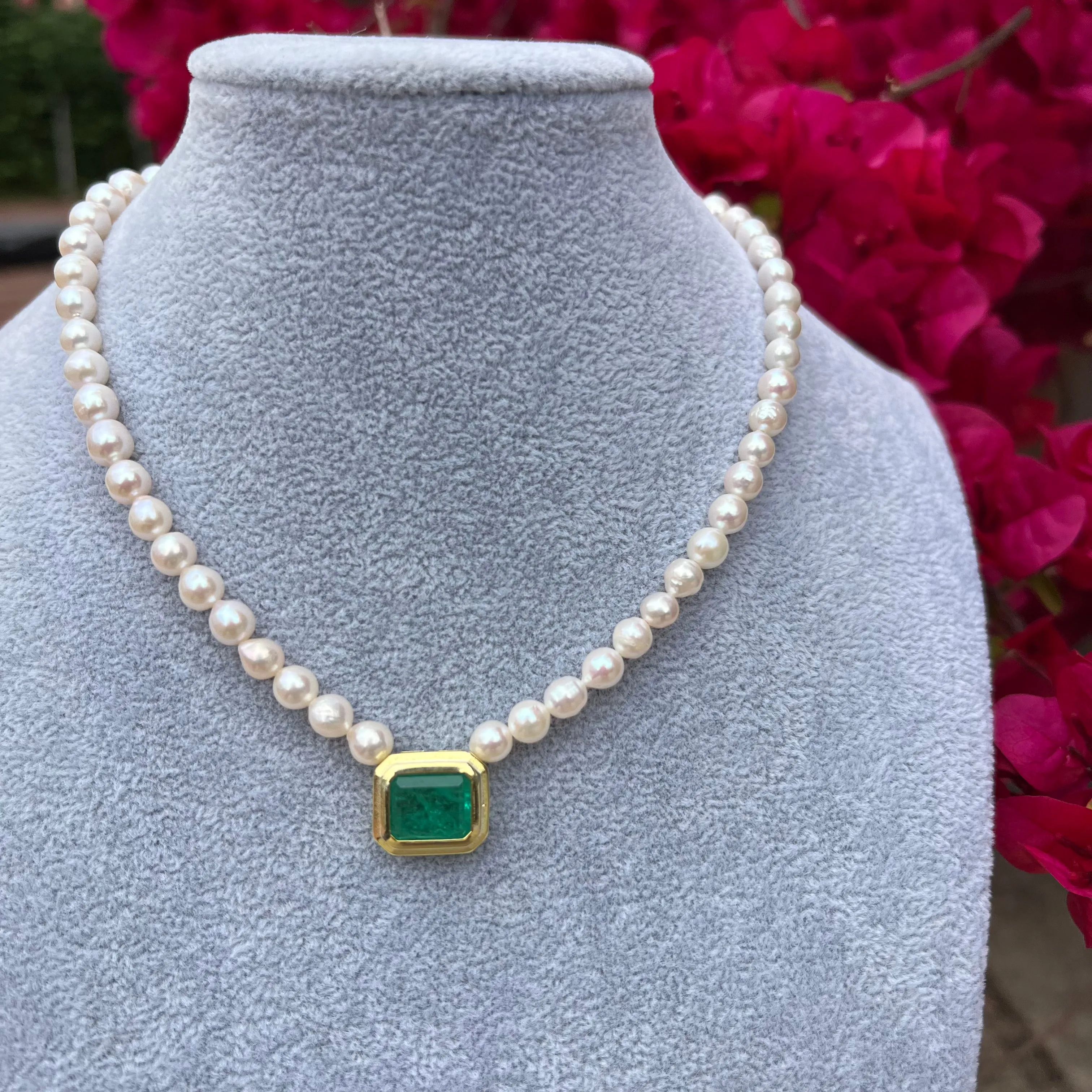 Pearl beaded square emerald frame necklace