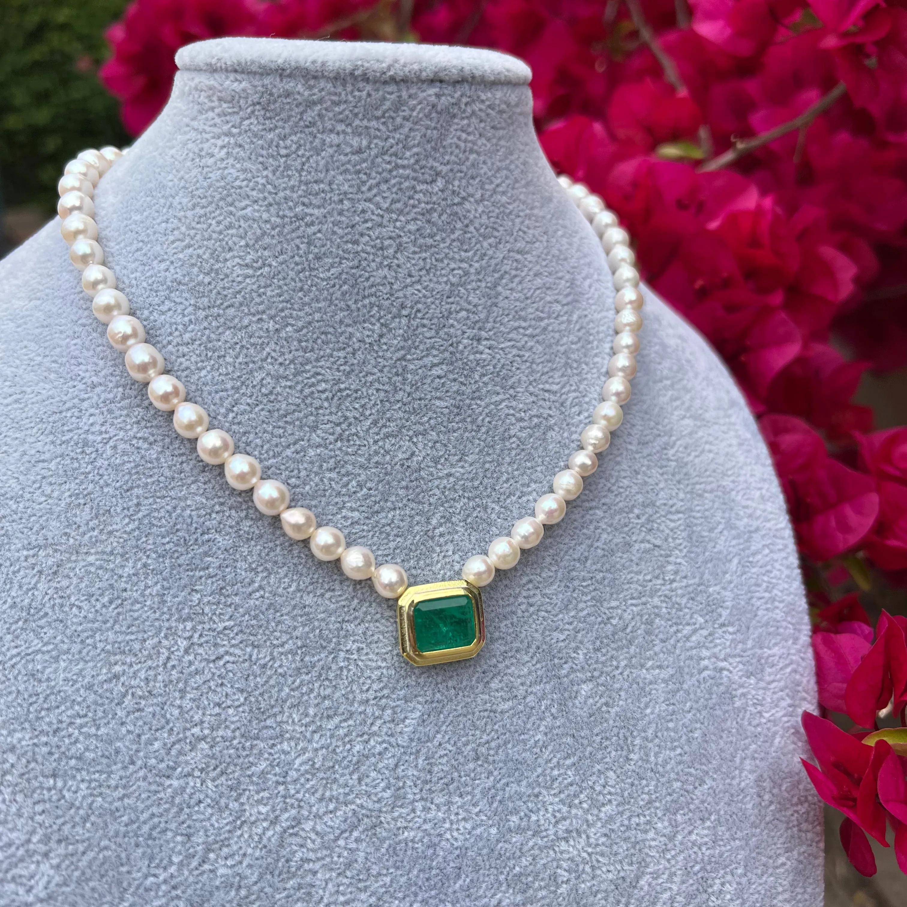 Pearl beaded square emerald frame necklace