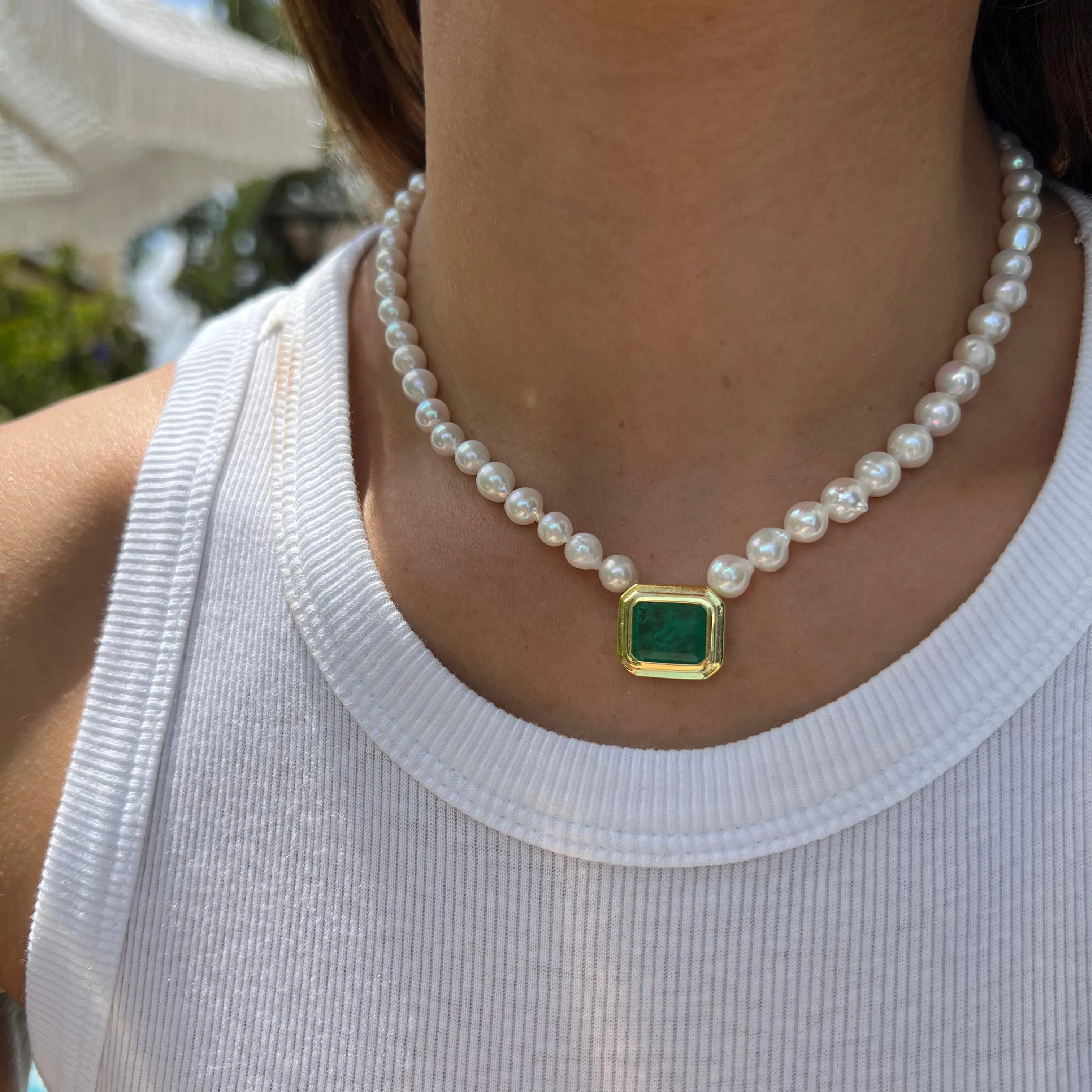 Pearl beaded square emerald frame necklace