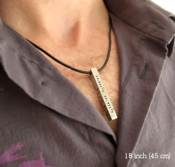 Personalized Latitude Longitude 4 Sides Engraved Bar Pendant Necklace