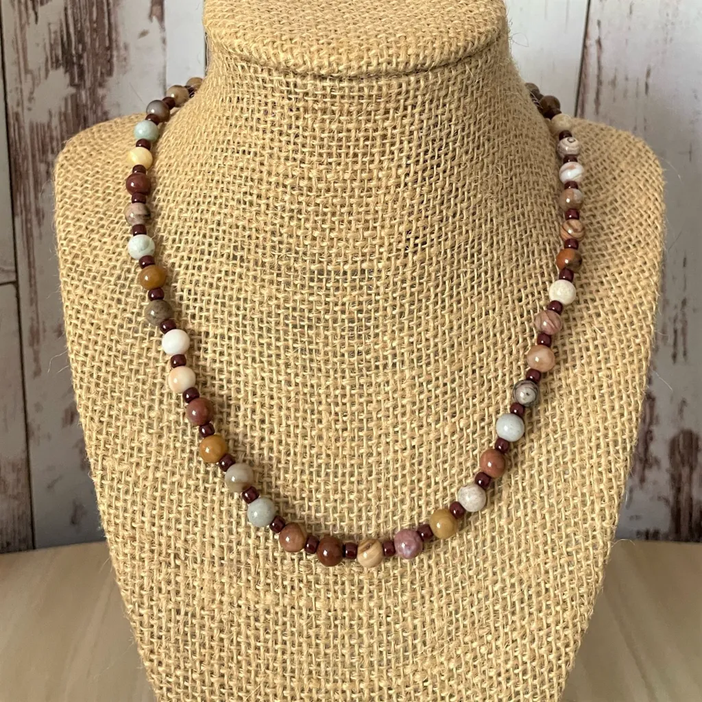 Petrified Wood Agate and Oxblood Toho Mens Beaded Necklace