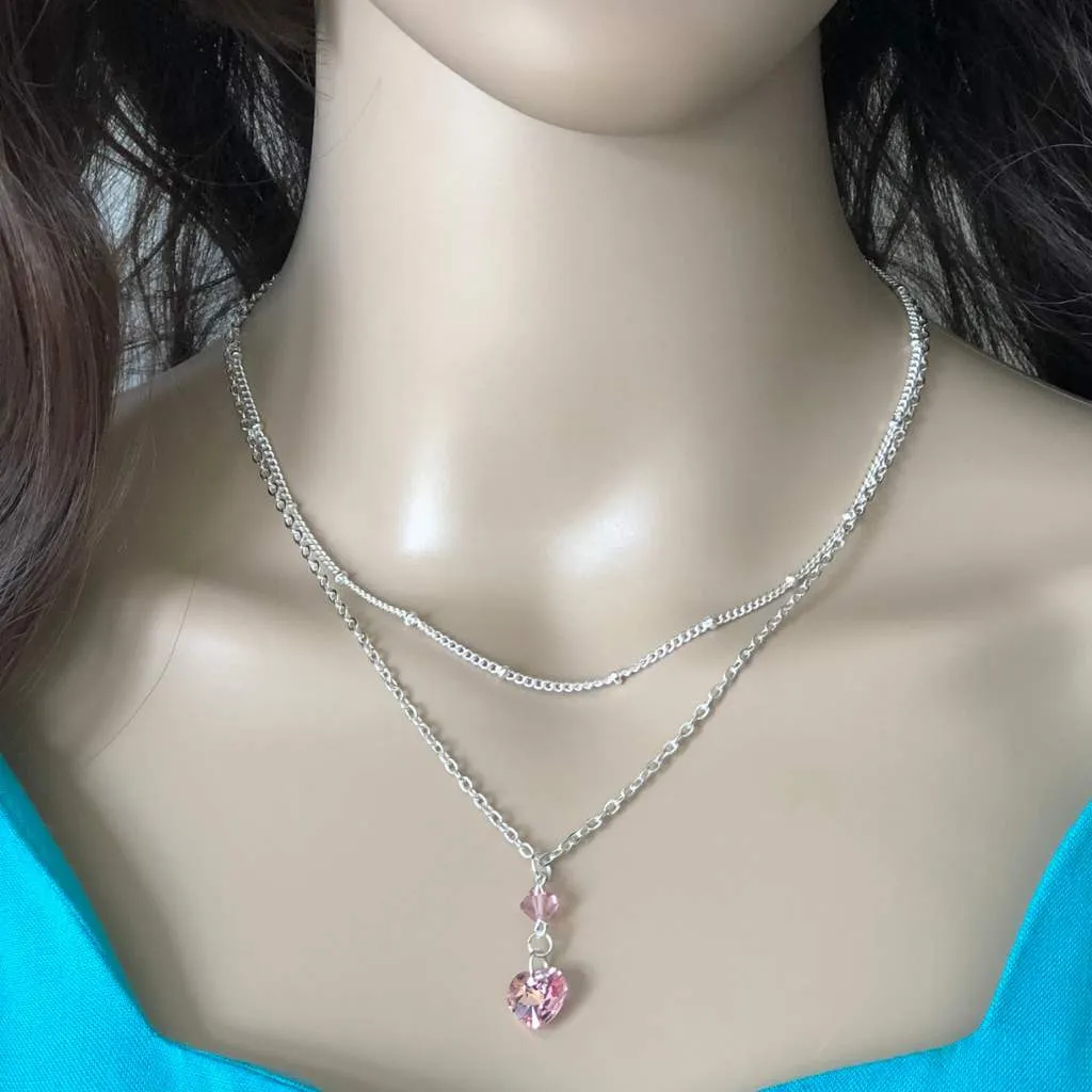 Pink Swarovski Crystal Heart and Stone Layered Silver Necklace