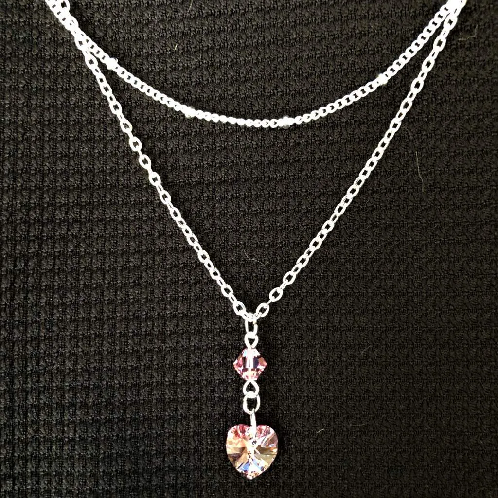 Pink Swarovski Crystal Heart and Stone Layered Silver Necklace