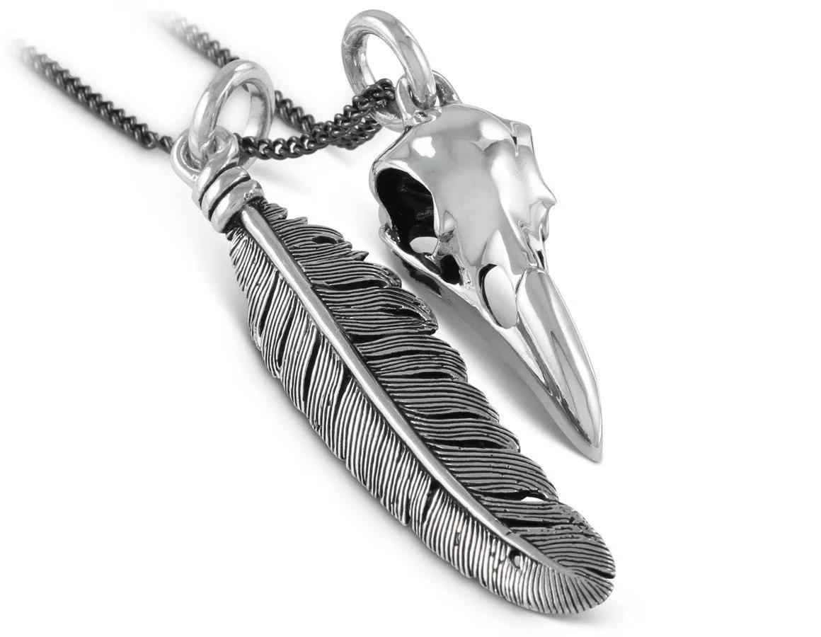 Raven Skull & Feather Necklace - Silver