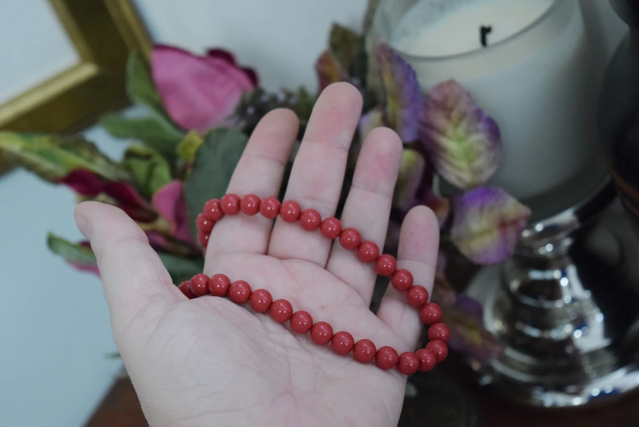 Red Coral Pearl Beaded Necklace - Small