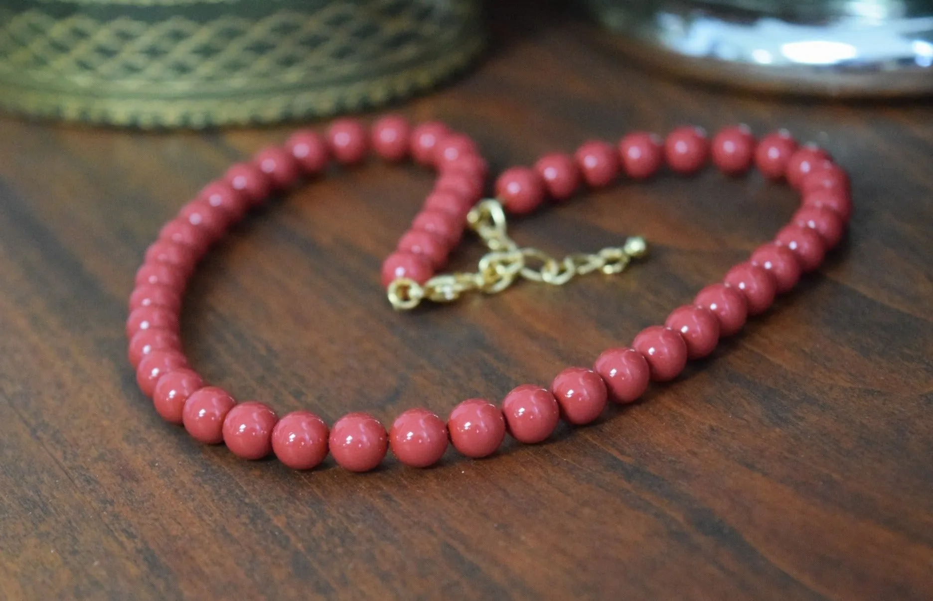 Red Coral Pearl Beaded Necklace - Small