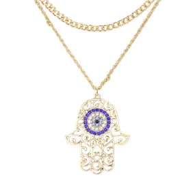 Rhinestone Evil Eye Filigree Hamsa Pendant Layered Necklace