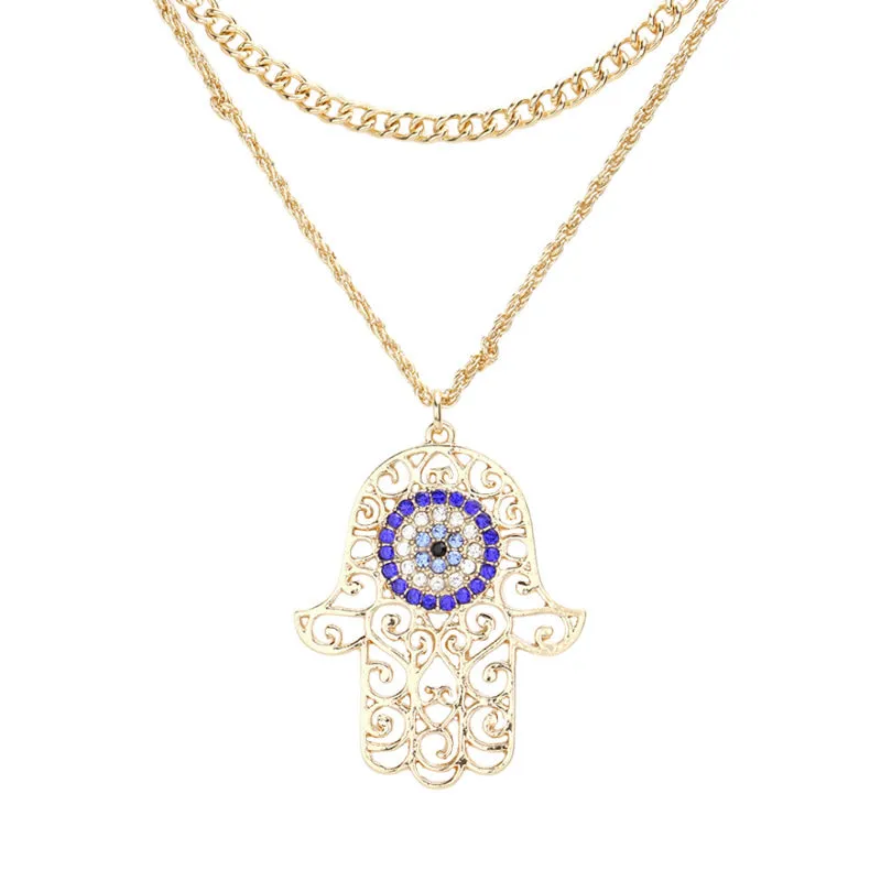 Rhinestone Evil Eye Filigree Hamsa Pendant Layered Necklace