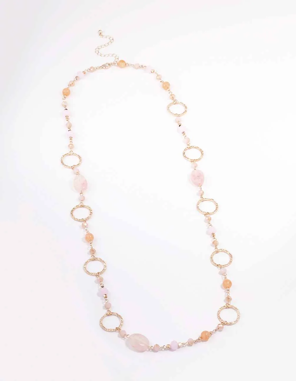 Rose Gold Long Pink Beaded Disc Necklace