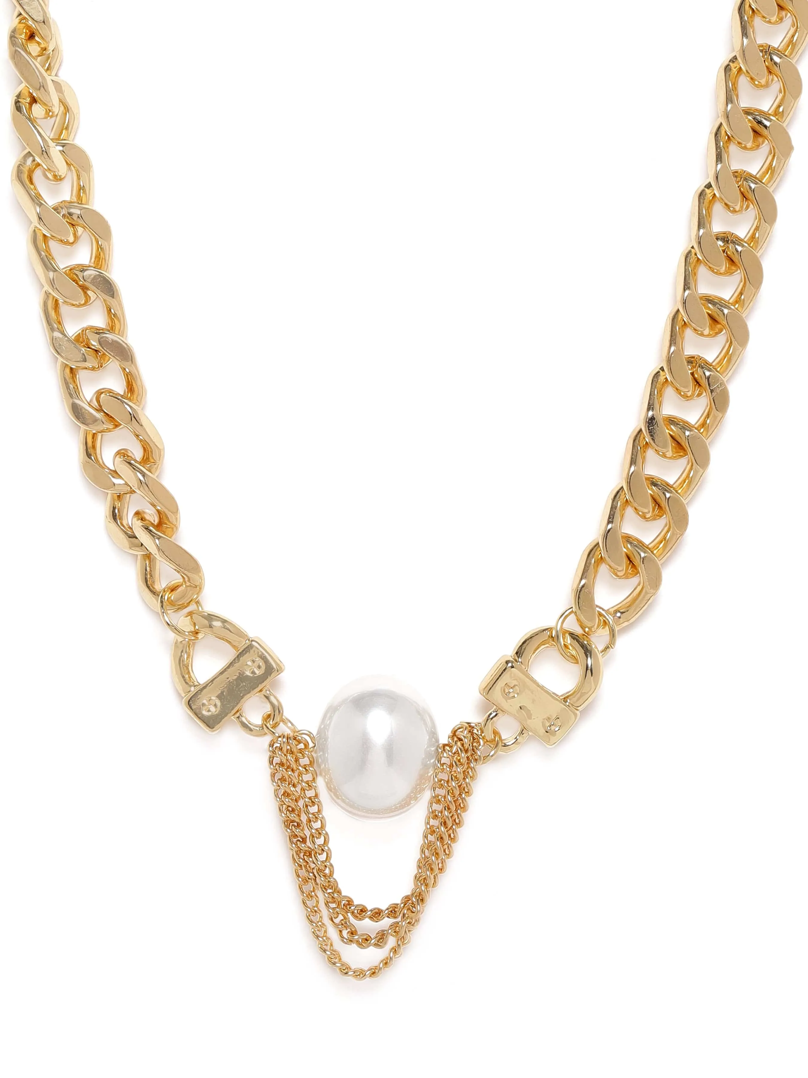 Rubans 22K Gold Plated Link Chain Pearl Charm Statement Copper Necklace