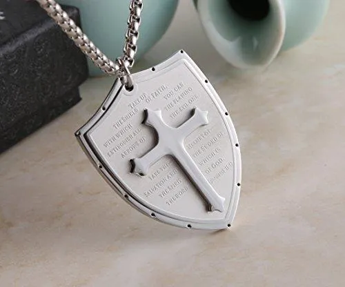 Shield Armor of God Ephesians 6:16-17, Faith Cross Stainless Steel Pendant Necklace