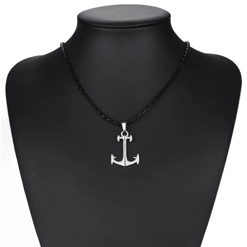 Silver Anchor Pendant with Knotted Leather Rope Necklace