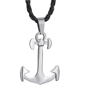 Silver Anchor Pendant with Knotted Leather Rope Necklace