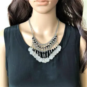 Silver Coin Boho Beaded Fringe Necklace