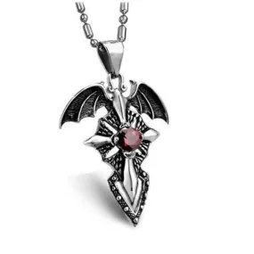 Silver Demonic Winged Sword Cross with Crystal Pendant Necklace