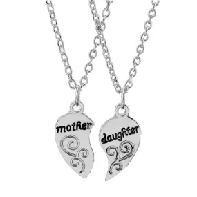 Silver Mother and Daughter Heart Pair Necklace