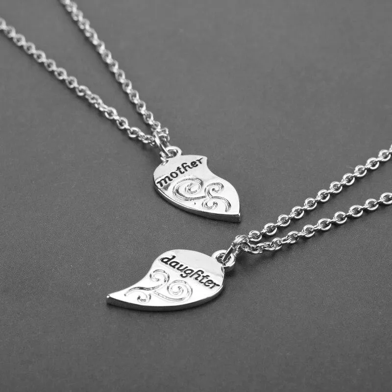 Silver Mother and Daughter Heart Pair Necklace