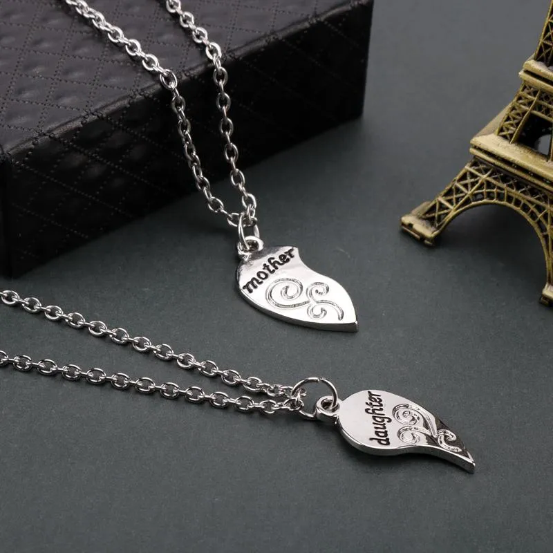 Silver Mother and Daughter Heart Pair Necklace