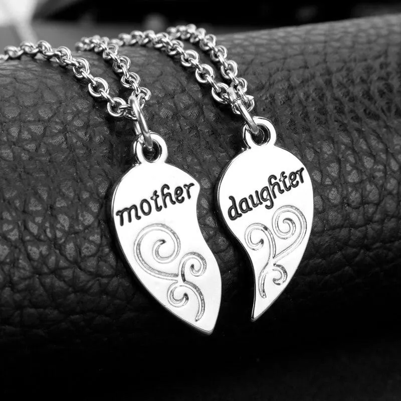 Silver Mother and Daughter Heart Pair Necklace