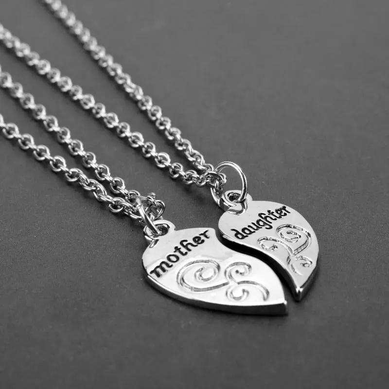 Silver Mother and Daughter Heart Pair Necklace