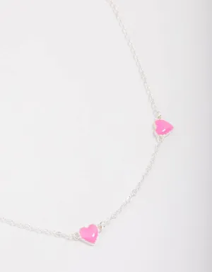 Silver Pink Enamel Heart Chain Necklace