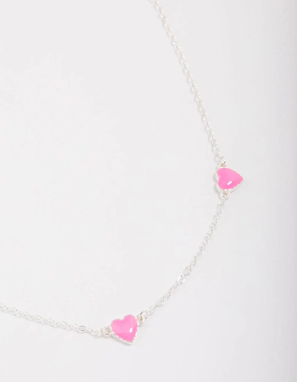 Silver Pink Enamel Heart Chain Necklace