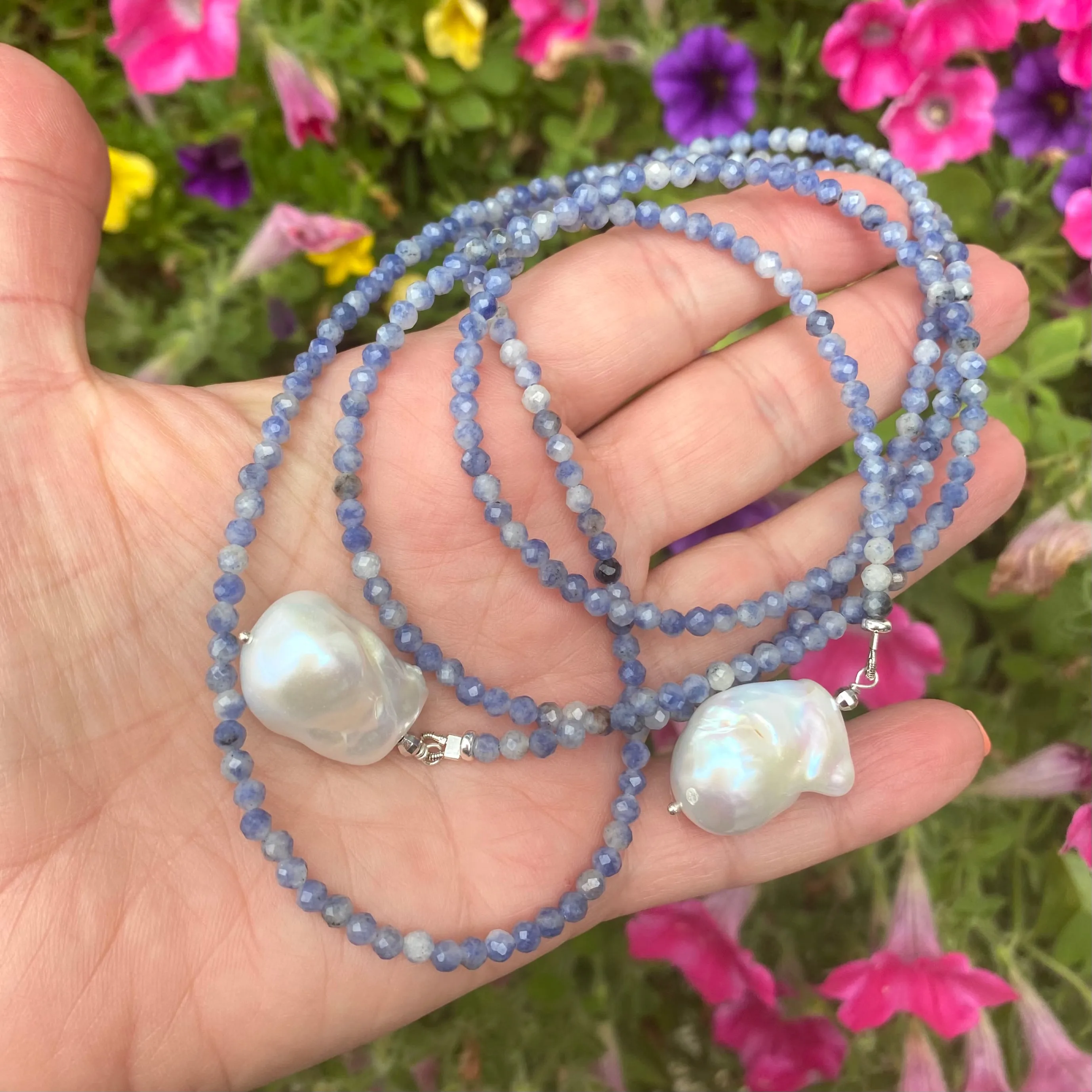 Single Strand of Blue Sodalite Beads & Two Baroque Pearl Lariat Wrap Necklace, 40inches