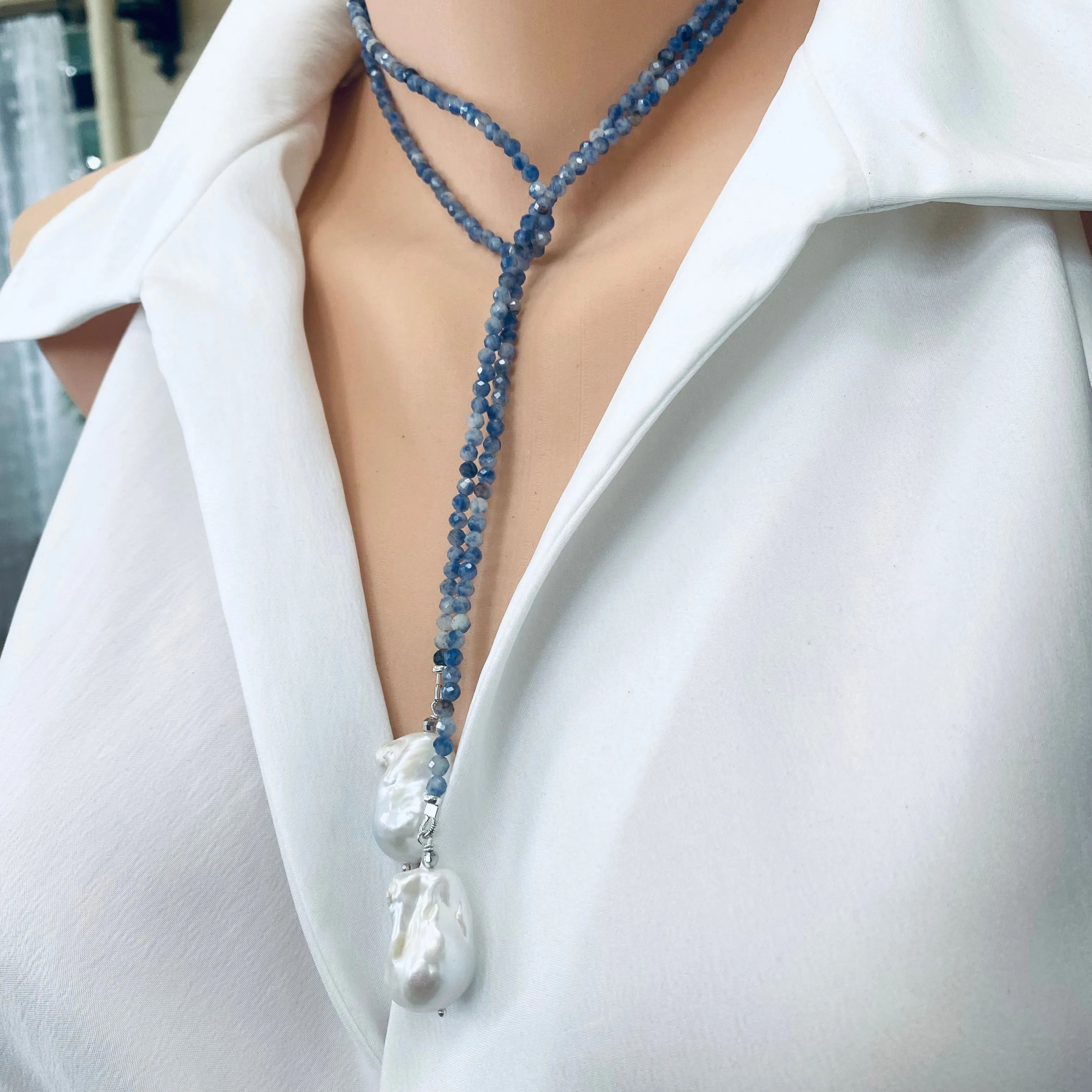 Single Strand of Blue Sodalite Beads & Two Baroque Pearl Lariat Wrap Necklace, 40inches