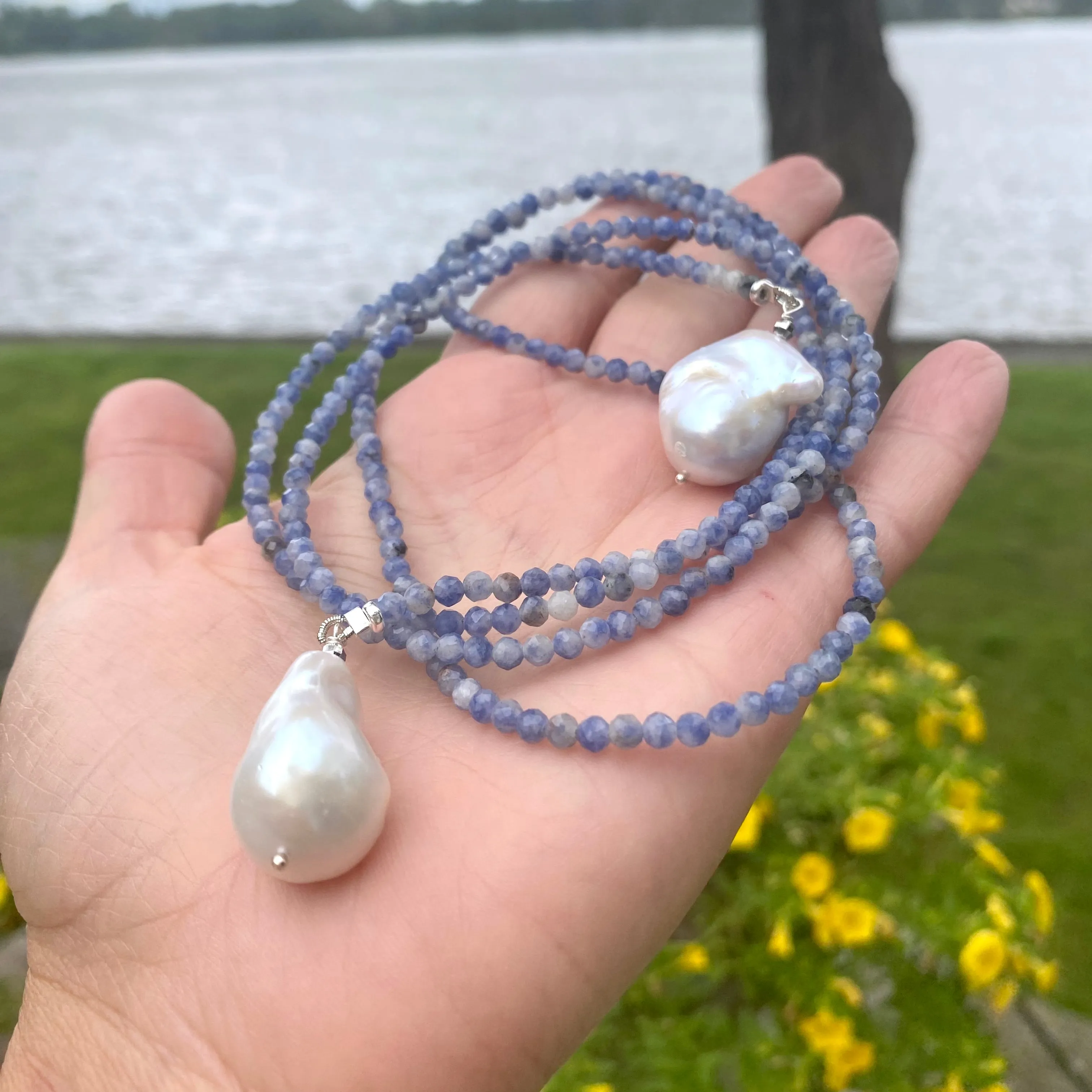 Single Strand of Blue Sodalite Beads & Two Baroque Pearl Lariat Wrap Necklace, 40inches