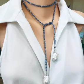 Single Strand of Blue Sodalite Beads & Two Baroque Pearl Lariat Wrap Necklace, 40inches