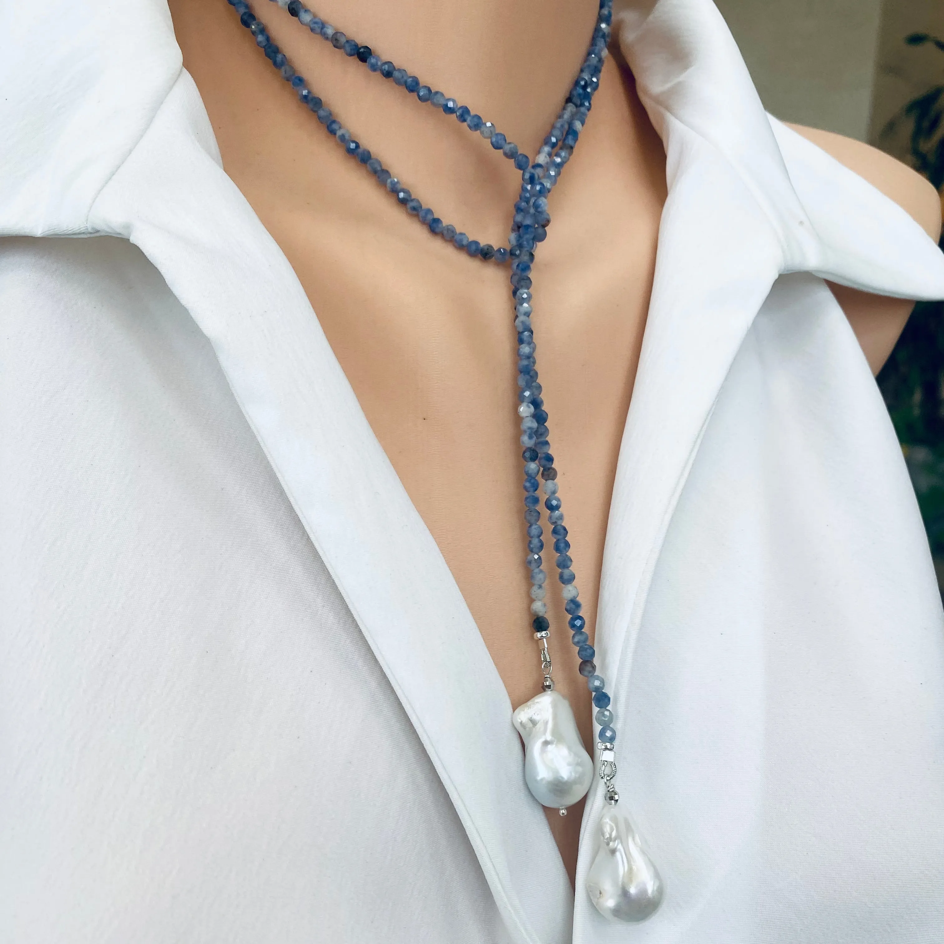 Single Strand of Blue Sodalite Beads & Two Baroque Pearl Lariat Wrap Necklace, 40inches