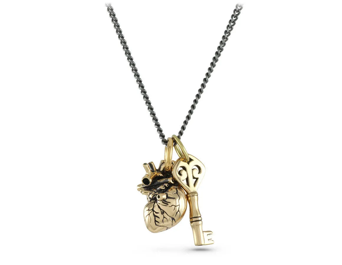 Small Anatomical Heart & Key Necklace - Bronze