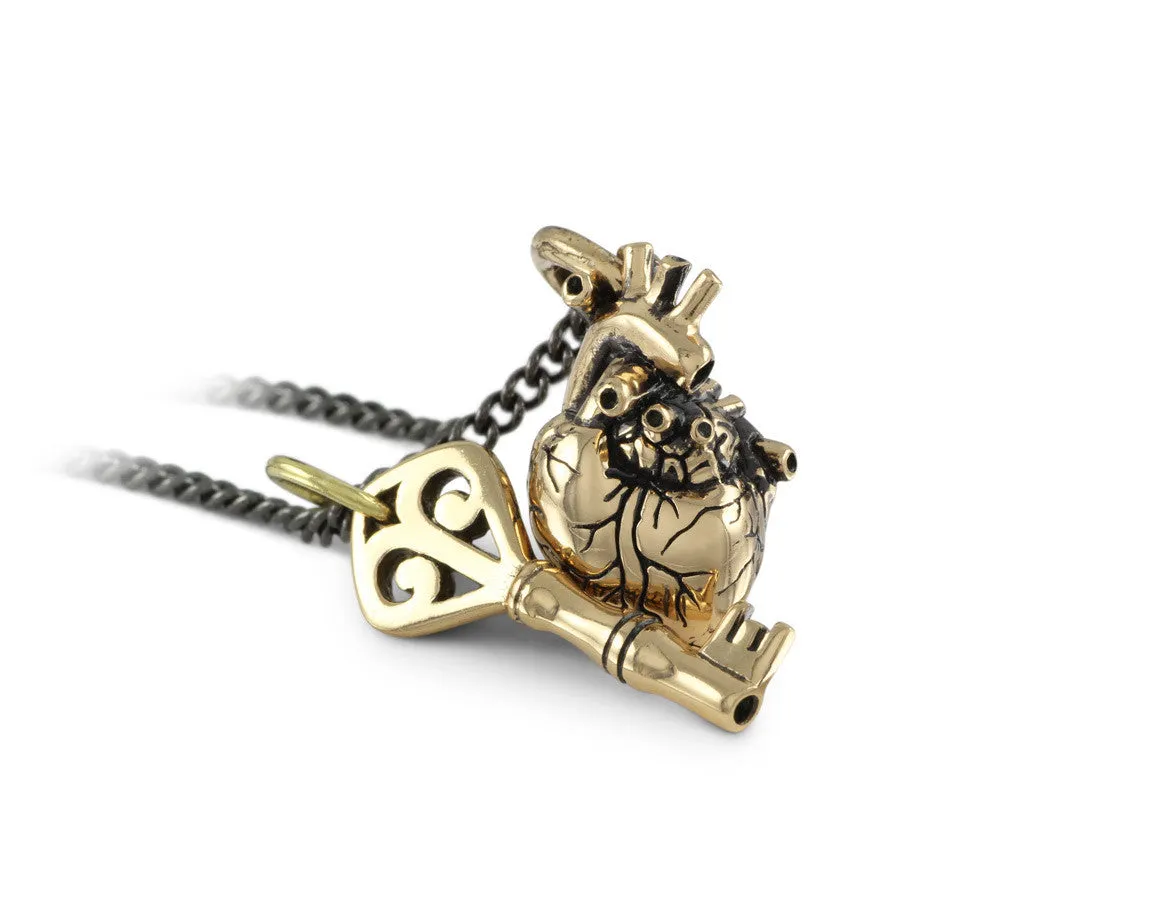 Small Anatomical Heart & Key Necklace - Bronze