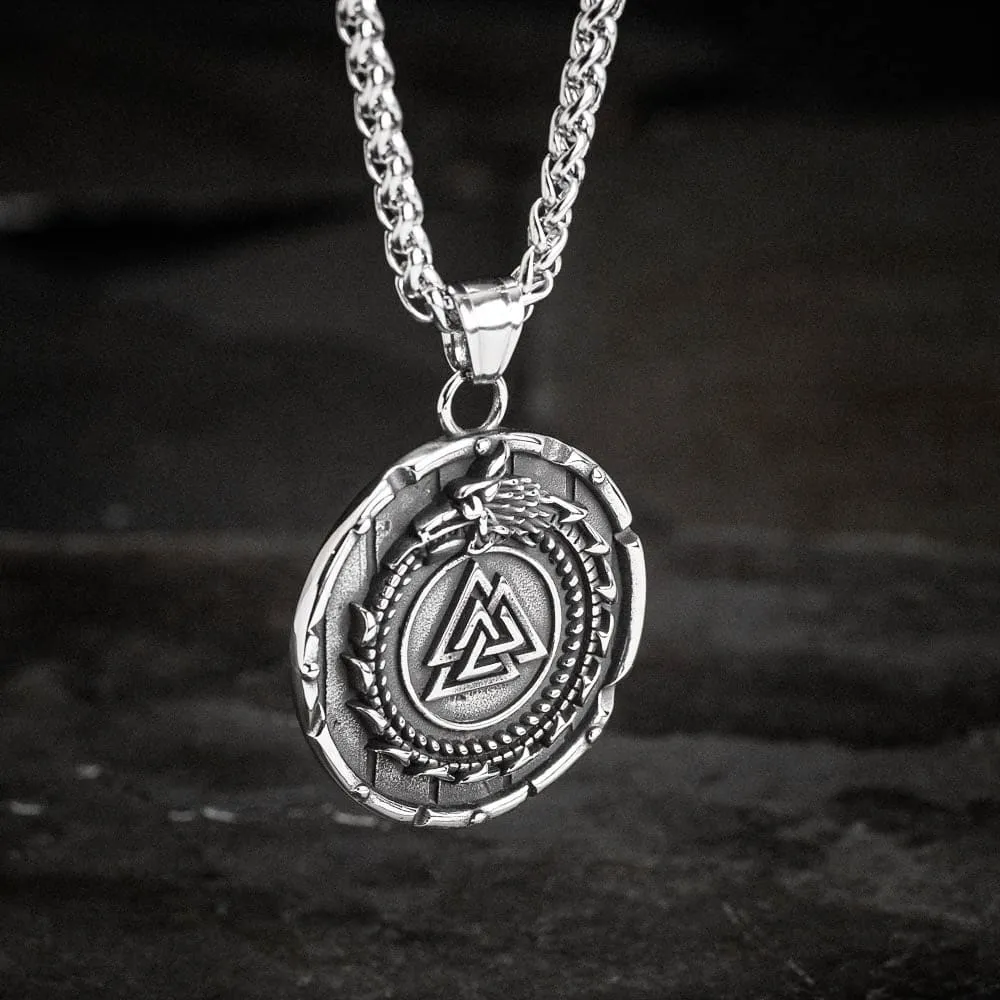 Stainless Steel Circular Jormungand and Valknut Necklace