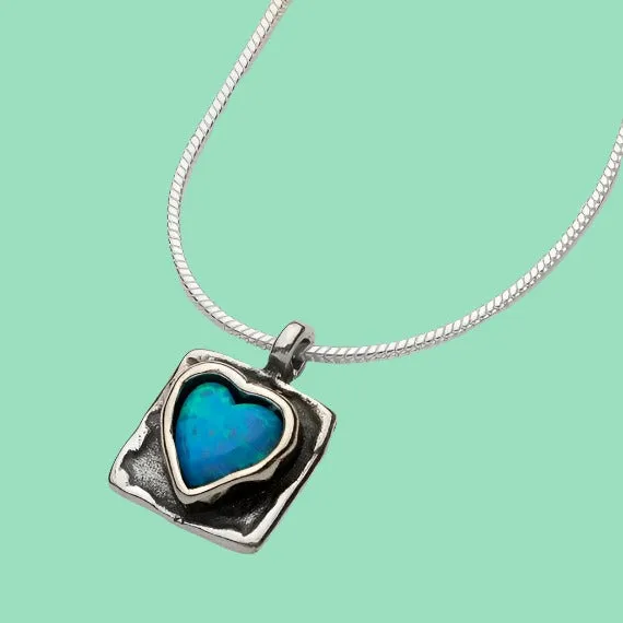 Sterling Silver heart necklace for woman /  blue opal silver necklace / romantic necklace